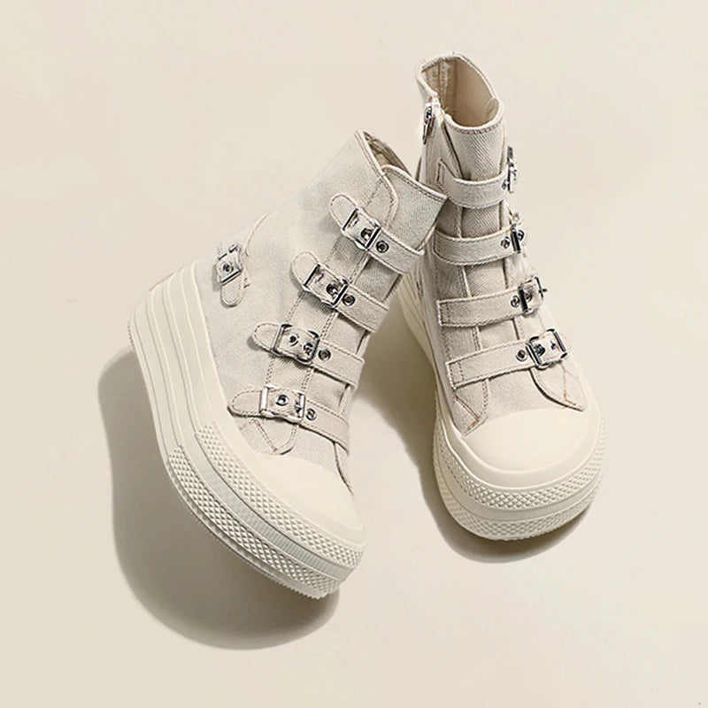 2024 Spring and Autumn New Thick soled Short tube Canvas Boots French Casual Breathable Buckle Fashion Women's Single Shoes