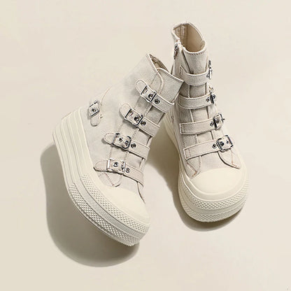 2024 Spring and Autumn New Thick soled Short tube Canvas Boots French Casual Breathable Buckle Fashion Women's Single Shoes