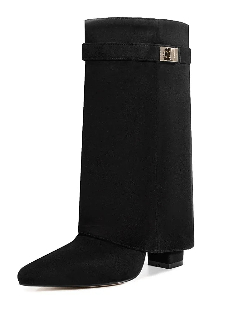Autumn Winter New Pointed Metal Buckle Knee High Women's Boots, Thick High-heeled Pants Boots, Fashionable Mid Leg Boots