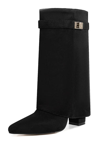 Autumn Winter New Pointed Metal Buckle Knee High Women's Boots, Thick High-heeled Pants Boots, Fashionable Mid Leg Boots