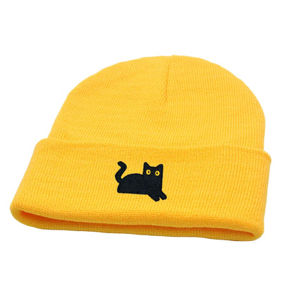 Autumn and winter warm knitted pullover hat for men and women, cute black cat pattern embroidered yarn beanie hat