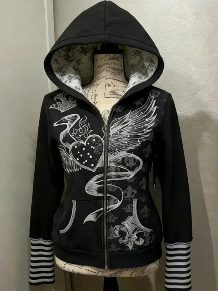 Gohic Vintage Sweatshirts Women's Jackets White Print Tunic Hooded Y2k Coat Streetwear Fashion Casual Hoodies Tops Ropa Mujer