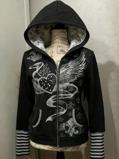Gohic Vintage Sweatshirts Women's Jackets White Print Tunic Hooded Y2k Coat Streetwear Fashion Casual Hoodies Tops Ropa Mujer
