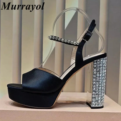 Women Open Toe Rhinestone High Heels Sandals Satin Waterproof Platform Sandalias Summer Party Dress Shoes Pumps Wedding Shoes