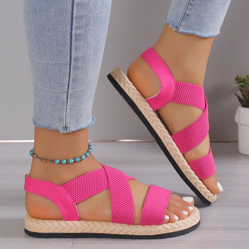 Fashion Women's Trend Anti-Slip Wear Comfortable Matching Color Sole Pure Black Shoelace Flat Sandals