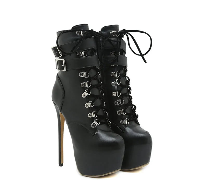 Liyke Autumn Winter Platform Boots For Women Sexy Round Toe Buckle Strap Pole Dance High Heels Pumps Fashion Lace-Up Runway Shoe