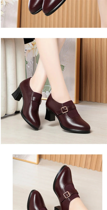 Autumn Fashion Comfort Deep Mouth Soft Leather Shoes Women Pumps 2024 Spring Block Heels Shoes for Office Mom Model Daily