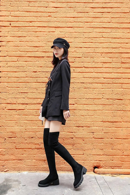 Krazing Pot Big Size Cow Leather Stretch Over-the-knee Boots Platform Round Toe High Heels Winter Women Warm Thigh High Boots