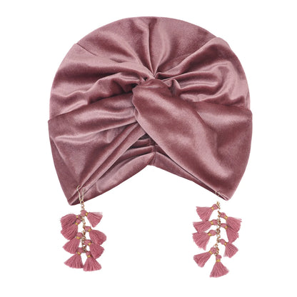 New Muslim Women Velvet Tassel Turban Hat Soft Stretch Bohemian Cross Pullover Bandana Headband Beanie Cap Islamic Head Wrap