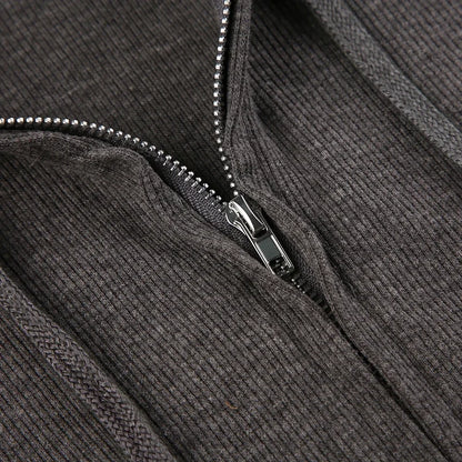 Grunge 2000s Ribbed Hoodies Zip Up Hooded Sweatshirt for Women Autumn Casual Full Sleeve Coats Women y2k Vintage Outfits