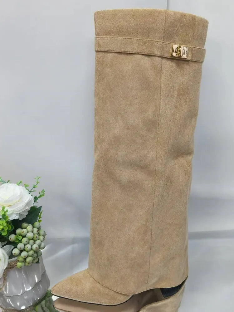 Autumn Winter New Pointed Metal Buckle Knee High Women's Boots, Thick High-heeled Pants Boots, Fashionable Mid Leg Boots