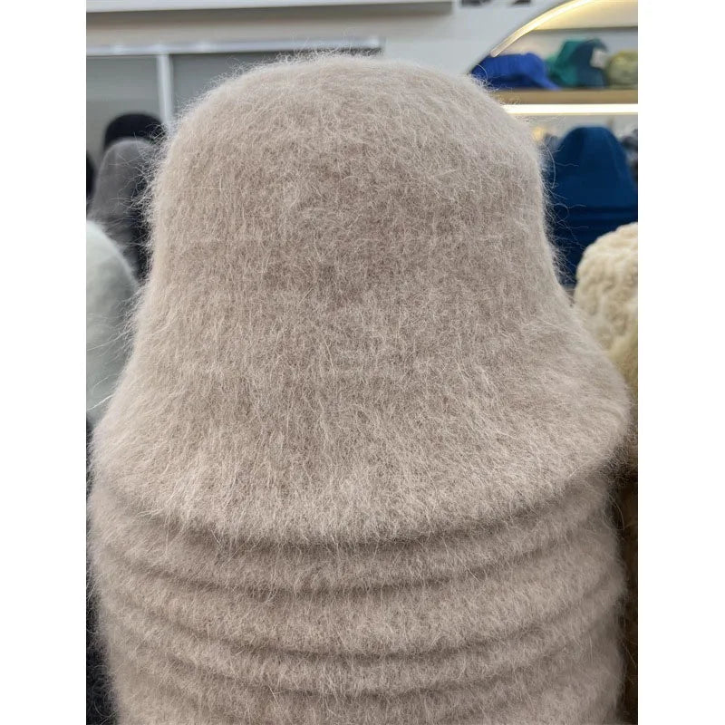 Good Angola Long Rabbit Fur Fisherman Bucket Hat Winter Fashion Soft Warm Wool Basin Cap Foldable Women Gift