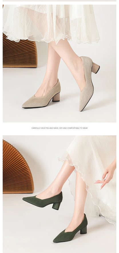 Women's high heels, pointed knit breathable and comfortable shoes (5cm high), new for autumn 2024