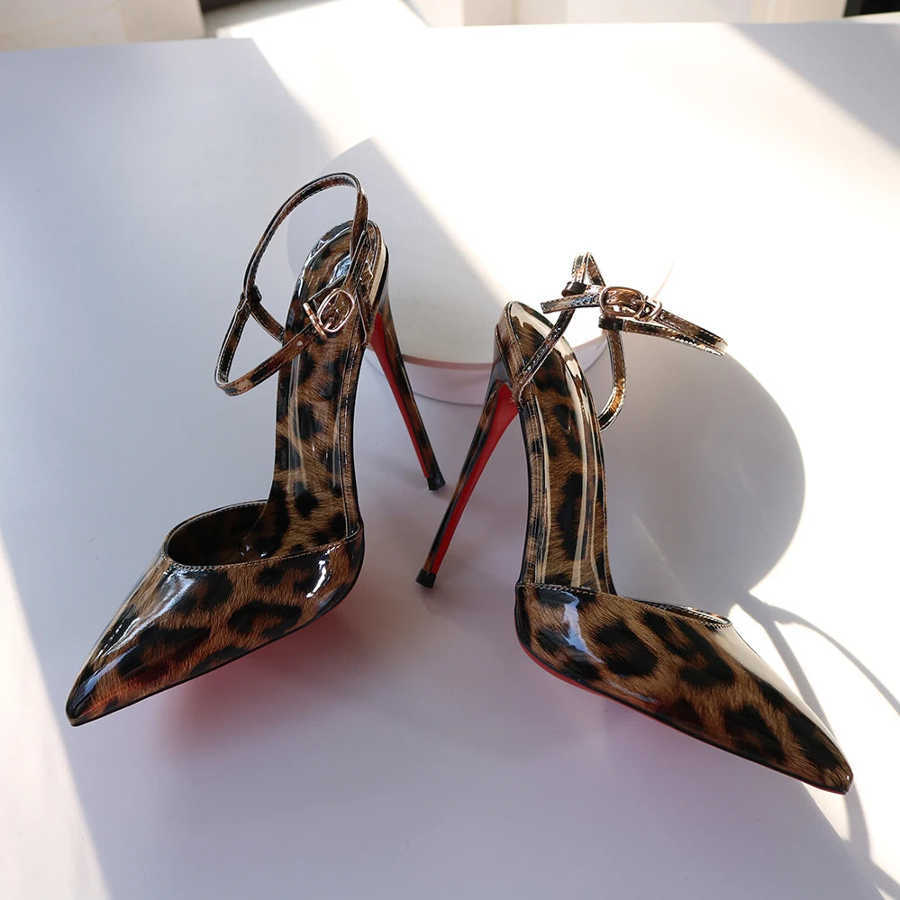 Red Background Leopard Print High-heeled Sandals with A Straight Buckle Thin Heel Pointed Toe Fashionable and Sexy Big Size 12CM