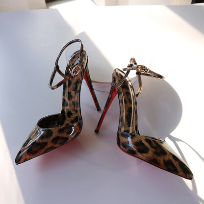 Red Background Leopard Print High-heeled Sandals with A Straight Buckle Thin Heel Pointed Toe Fashionable and Sexy Big Size 12CM