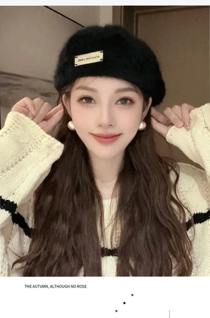 Women Reversible Rabbit Fur Beret Winter Warm Double Sided Knit Hat Retro Painter Cap for Oval Round Face