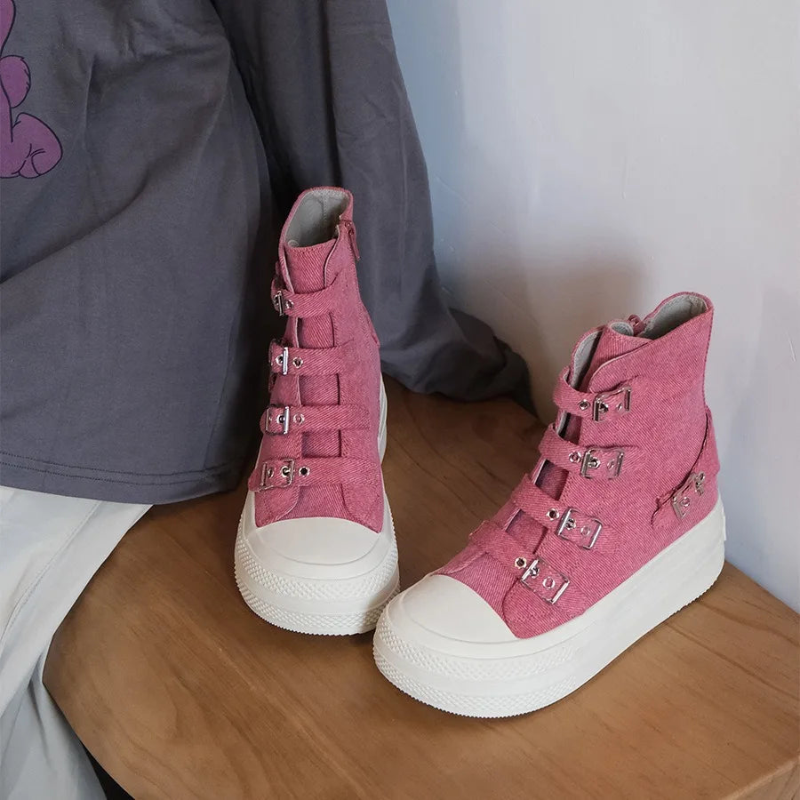 2024 Spring and Autumn New Thick soled Short tube Canvas Boots French Casual Breathable Buckle Fashion Women's Single Shoes