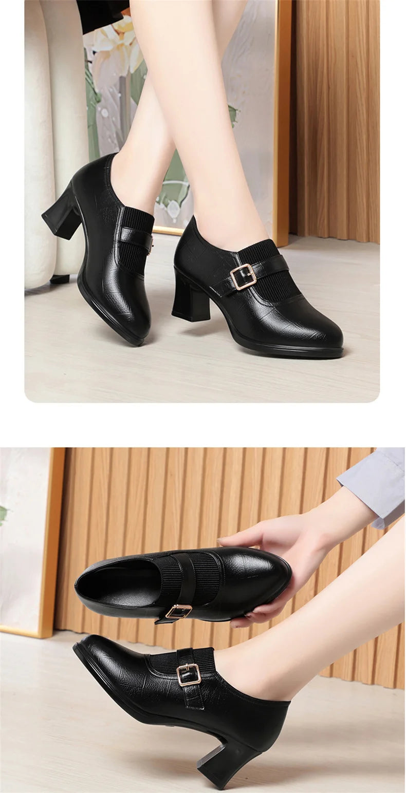 Autumn Fashion Comfort Deep Mouth Soft Leather Shoes Women Pumps 2024 Spring Block Heels Shoes for Office Mom Model Daily