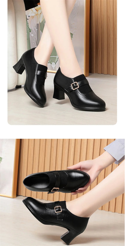 Autumn Fashion Comfort Deep Mouth Soft Leather Shoes Women Pumps 2024 Spring Block Heels Shoes for Office Mom Model Daily