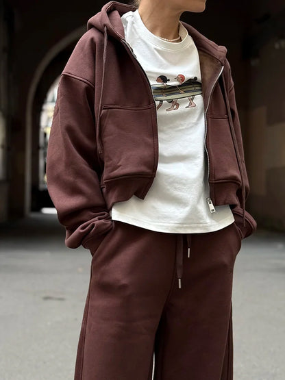 Women Tracksuits Winter Fleece Sweatsuit Brown Warm Crop Zipper Hoodies And Sweatpants Set For Women 2 Piece Velvet Pants Sets