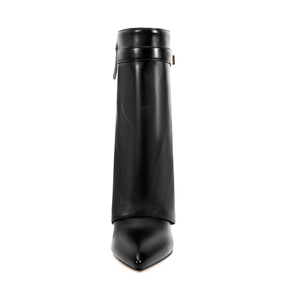 Autumn Winter New Pointed Metal Buckle Knee High Women's Boots, Thick High-heeled Pants Boots, Fashionable Mid Leg Boots
