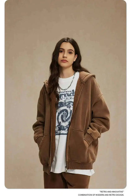 IEFB Men's Wear Wax Printing Vintage Male Hoodies Oversized Loose Zipper Water Washed Plush Sweatshirt Trendy New 9C9349