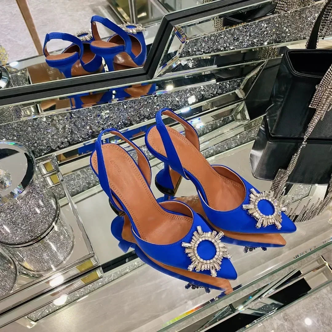 2026 Spring Autumn EU US Satin Slingback Women Sandals Pointed Flared Heels Sun Rhinestone Crystal Wedding Party Dress Heels