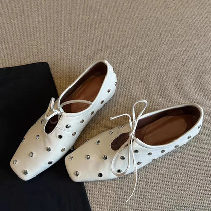 2025 New Women's Ballet Flat Shoes Mary Janes Lace-Up Flats French Style Square Head Low Heel Spring Autumn Season PU Leather