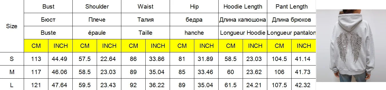 Women Fashion Sequin Angel Wings Printed Hoodies Casual Long Sleeved Hooded Solid Color Tops 2025 New High Street Y2k Outwear