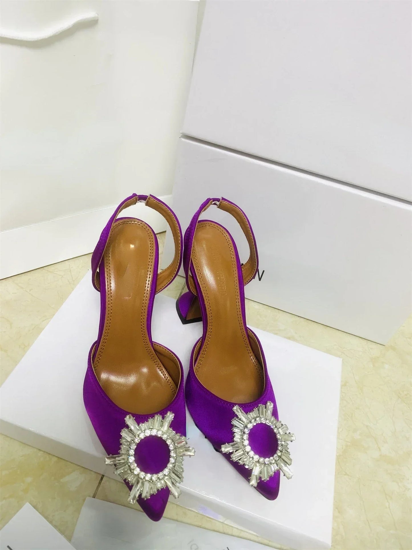2026 Spring Autumn EU US Satin Slingback Women Sandals Pointed Flared Heels Sun Rhinestone Crystal Wedding Party Dress Heels
