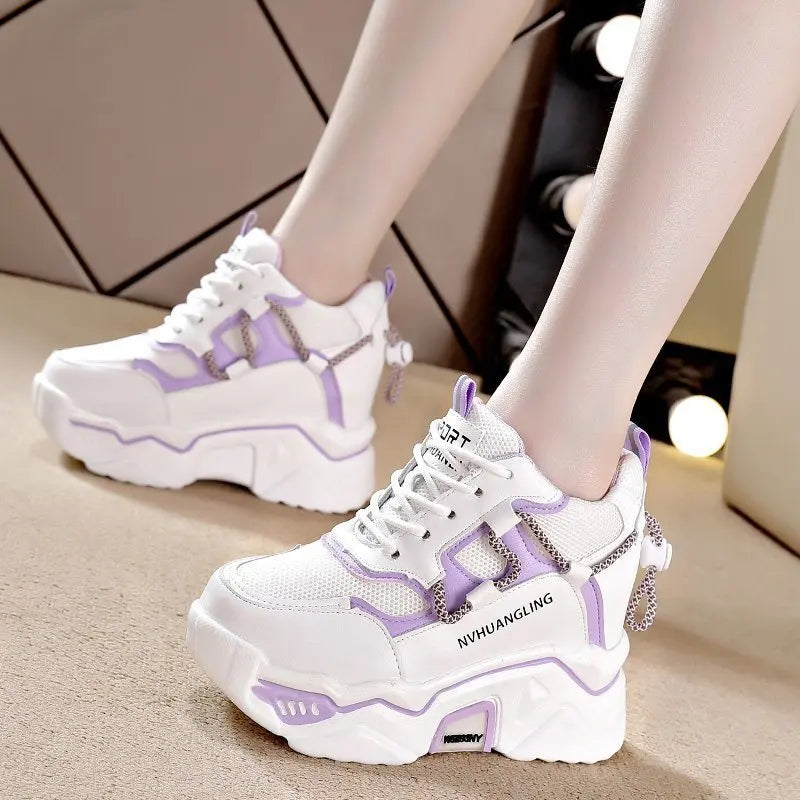 Trendy Interior Height Increasing Vulcanized Women's Shoes 2024 Autumn Style Simple Casual Sports High Heels Women's Dad Shoes