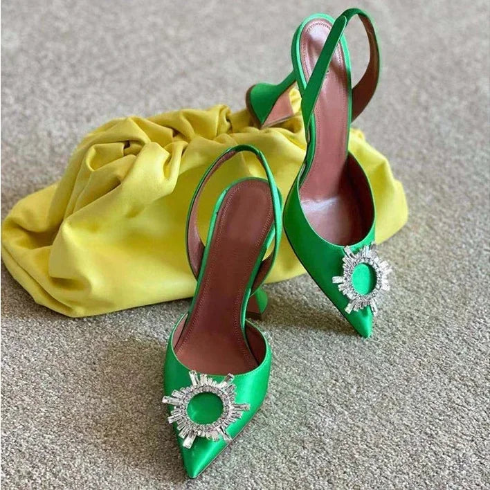 2026 Spring Autumn EU US Satin Slingback Women Sandals Pointed Flared Heels Sun Rhinestone Crystal Wedding Party Dress Heels