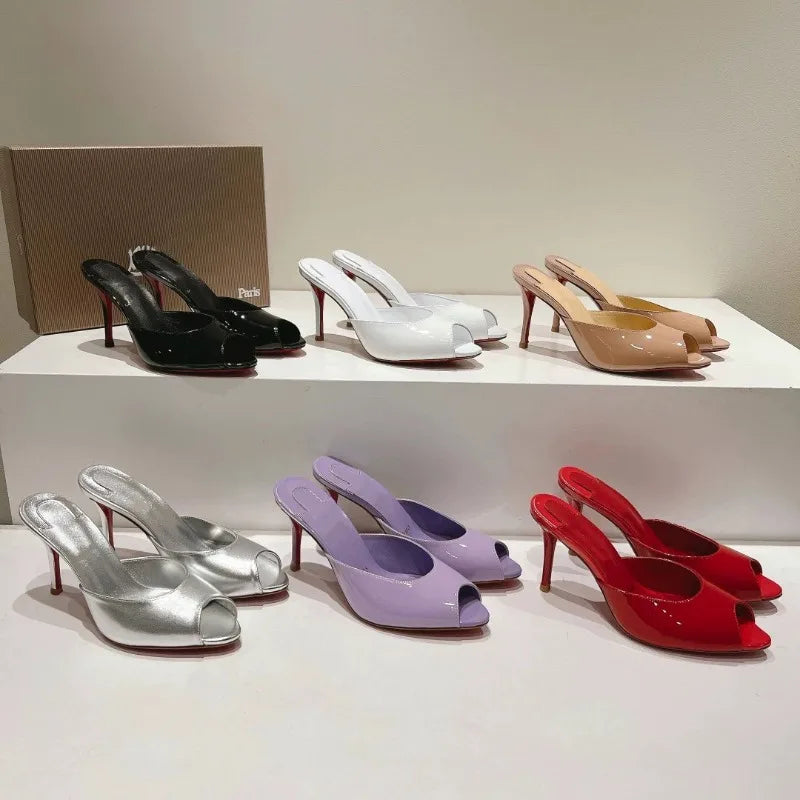 2026 New Black Fish Mouth Ultra High Women's Shoes, Sexy High Heels, Wearing Straight Pointed Lacquer Leather Open Toed Slippers