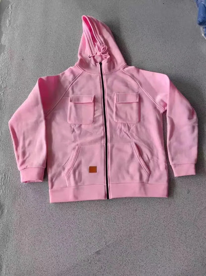 New Autumn Winter Men's Hooded Solid Hoodies Jackets Multi Pockets Male Zipper Sweatshirts Sports Outdoor Casual Hoodie Coat