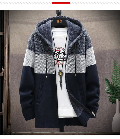 Men's Knit Sweater Fleece Coat Striped Jackets Fashion Hoodies Winter Autumn Thick Warm Windbreaker Pullovers Male Clothing