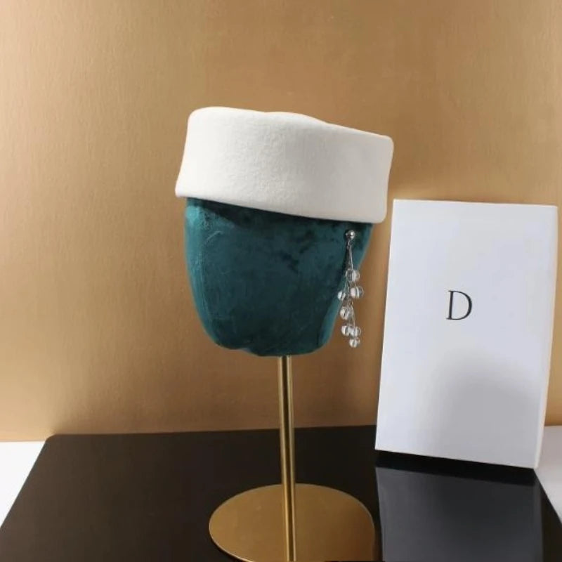 Women Wool Felt Berets Hat Vintage Hard Top Concave Top Fedoras Hats Wedding Fascinator Hats Wedding Cocktail Party Pillbox Cap