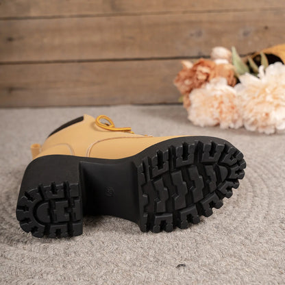 Women Retro Round Toe Chunky Heels Ankle Boots Autumn New High Heels Shoes Woman Lace Up Platform Fur Short Booties Big Size 42