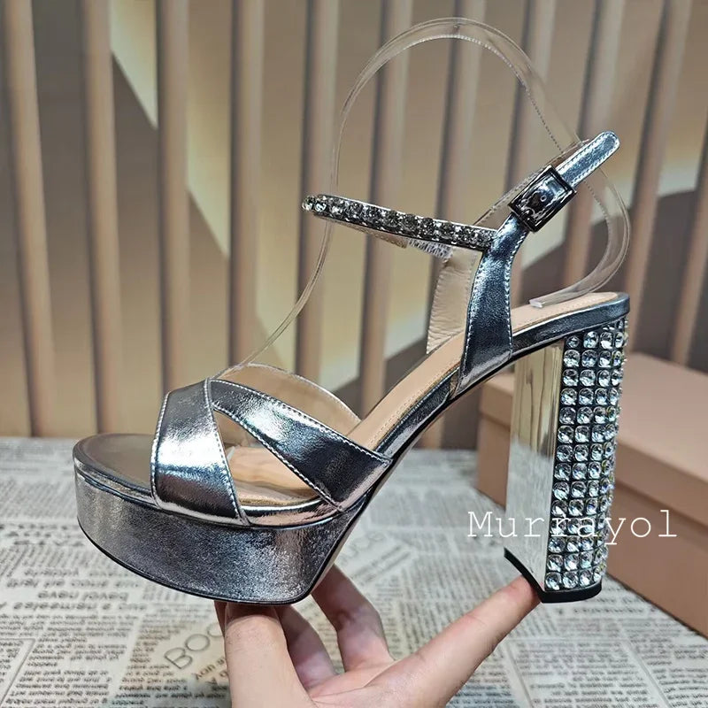 Women Open Toe Rhinestone High Heels Sandals Satin Waterproof Platform Sandalias Summer Party Dress Shoes Pumps Wedding Shoes