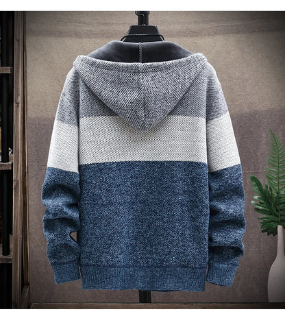 Men's Knit Sweater Fleece Coat Striped Jackets Fashion Hoodies Winter Autumn Thick Warm Windbreaker Pullovers Male Clothing