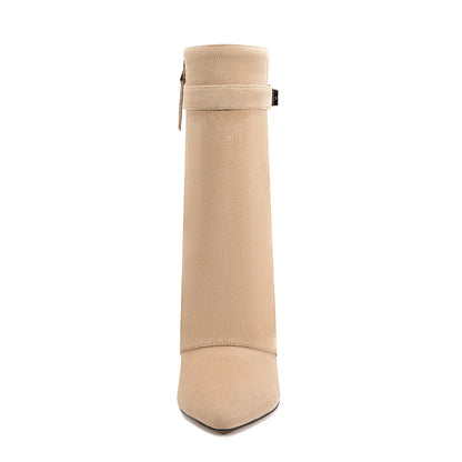 Autumn Winter New Pointed Metal Buckle Knee High Women's Boots, Thick High-heeled Pants Boots, Fashionable Mid Leg Boots