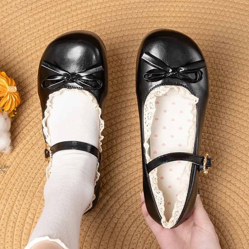 Spring Autumn Pink White Mary Janes Flat Shoes Woman Round Toe Buckle Strap Lolita Girls Student Ballet Flats Plus Size