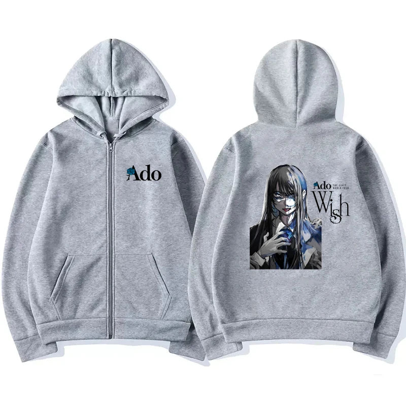 2025 Ado Graphic Printed Zipper Hoodies Autumn Winter Men Women Casual Fashion Harajuku Y2K Fleece Long Sleeve Zip-Up Hoodies