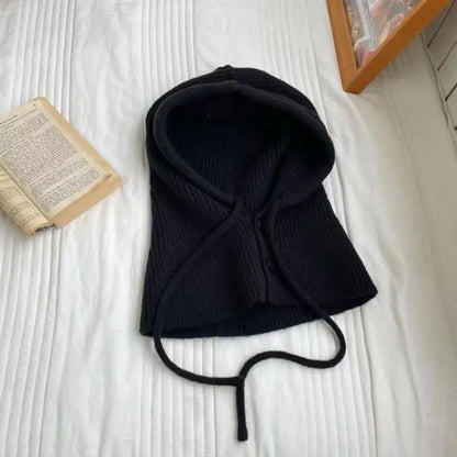Knitted Hooded Caps Winter Balaclava Hats Women Korean Style Outdoor Warmer Drawstring Hats One-piece Neck Collar Beanies Cap