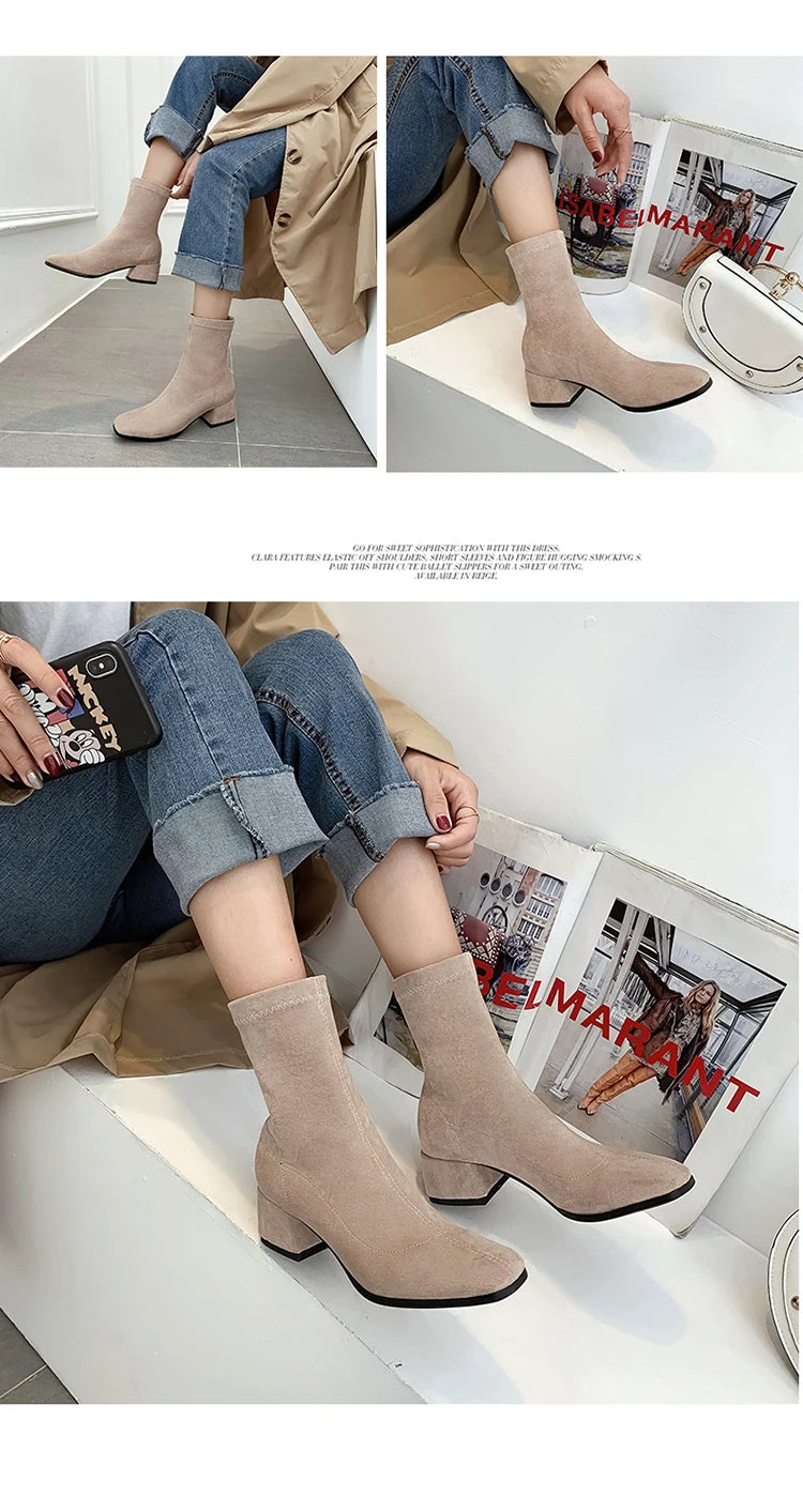 NASBAVI Woman Ankle Boots 2025 Autumn Winter Round Toe Low Heel Flock Black Comfortable Booties Lady Shoes Zapatos Mujer