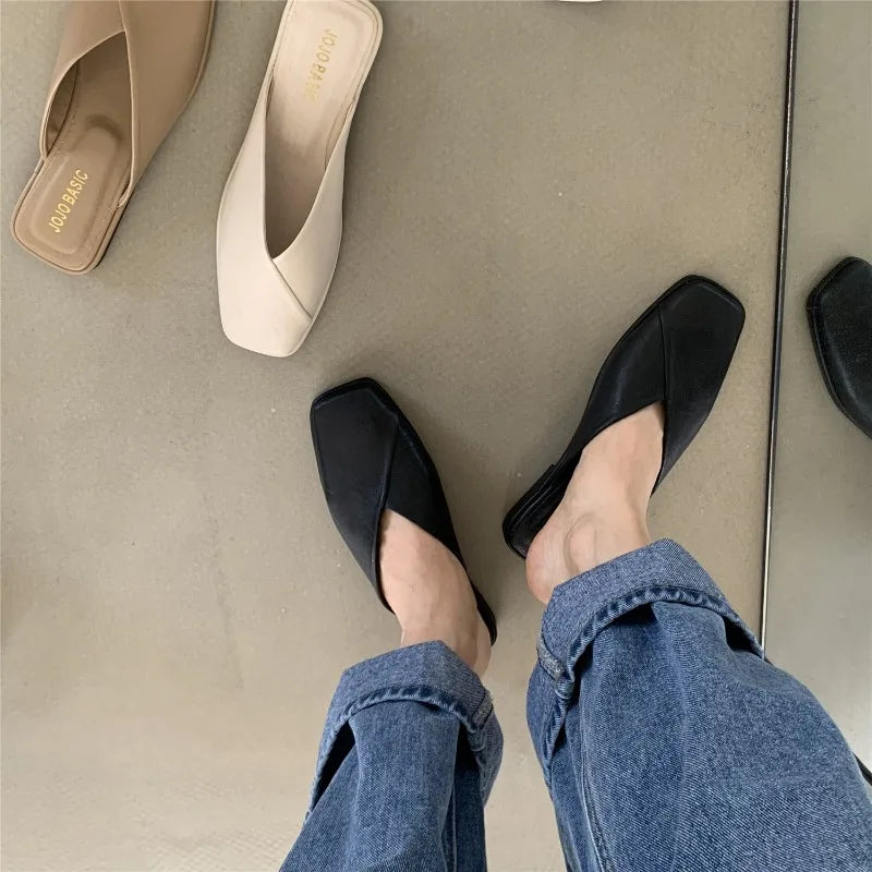 Women Shoes Mules Designer Square Toe 2025 Autumn Ladies Fashion Slippers New Slides Female Outside Beach Big Size Casual Basic