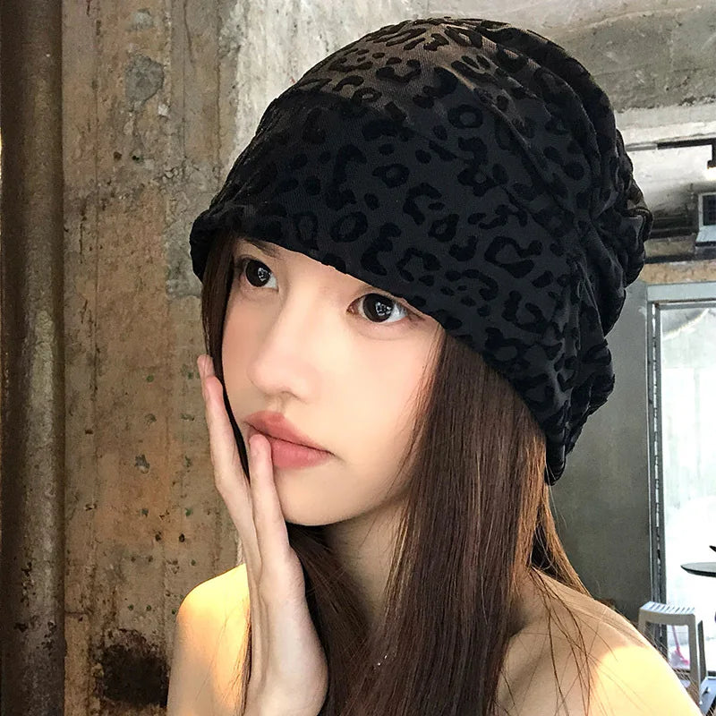 American Leopard Print Pullover Short Brim Stacking Hat Women's Spring and Summer Personality Big Head Thin Skull Beanie Cap