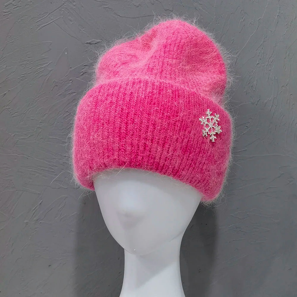 Hot Selling Winter Hat Real Rabbit Fur Winter Hats For Women Snowflake Warm Beanie cold Hats Women Solid Adult Cover Head Cap