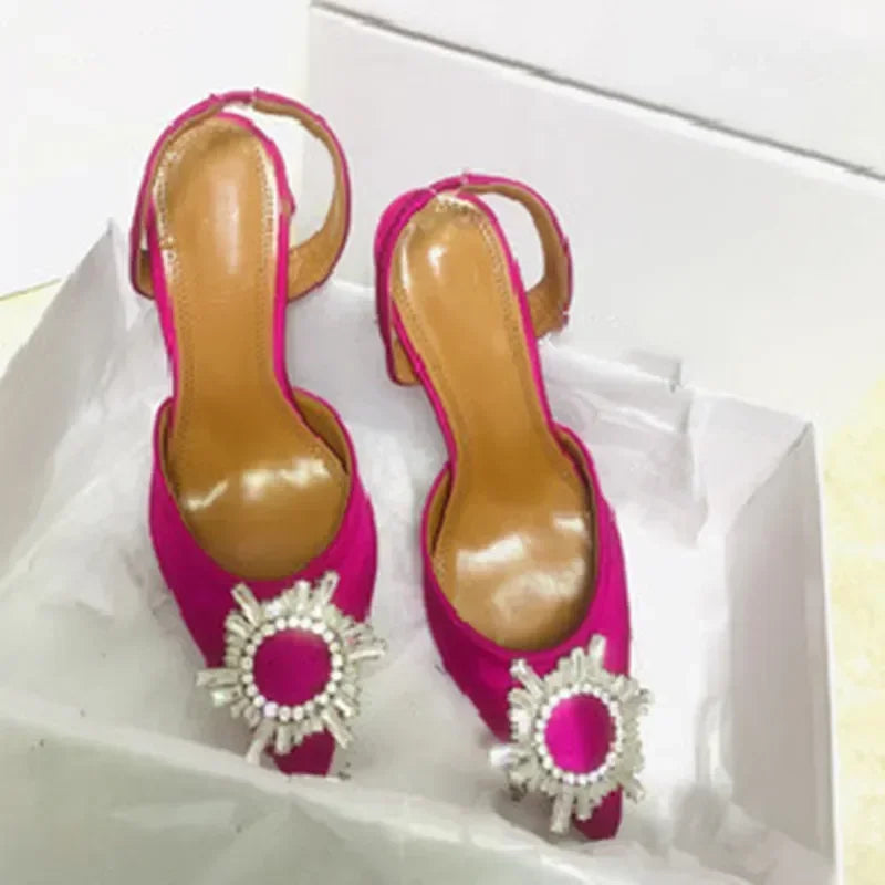 2026 Spring Autumn EU US Satin Slingback Women Sandals Pointed Flared Heels Sun Rhinestone Crystal Wedding Party Dress Heels