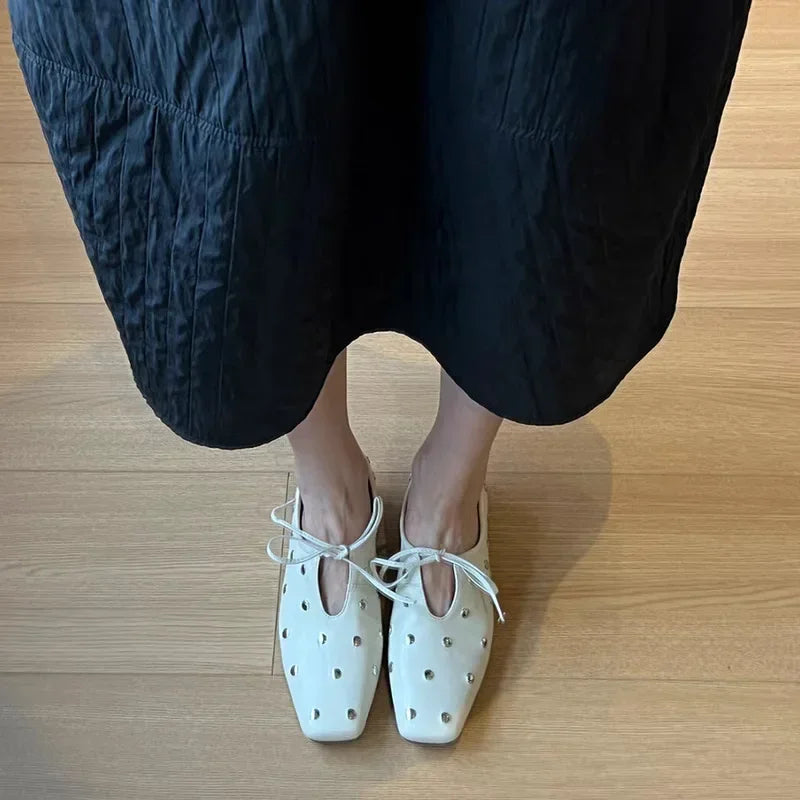 2025 New Women's Ballet Flat Shoes Mary Janes Lace-Up Flats French Style Square Head Low Heel Spring Autumn Season PU Leather