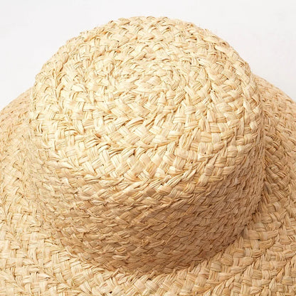 2023 Children Hand-knitted Raffia Retro Flat Top Sun Hats Girls and Boys Summer Travel Sunscreen Vacation Straw Hat with Lacing